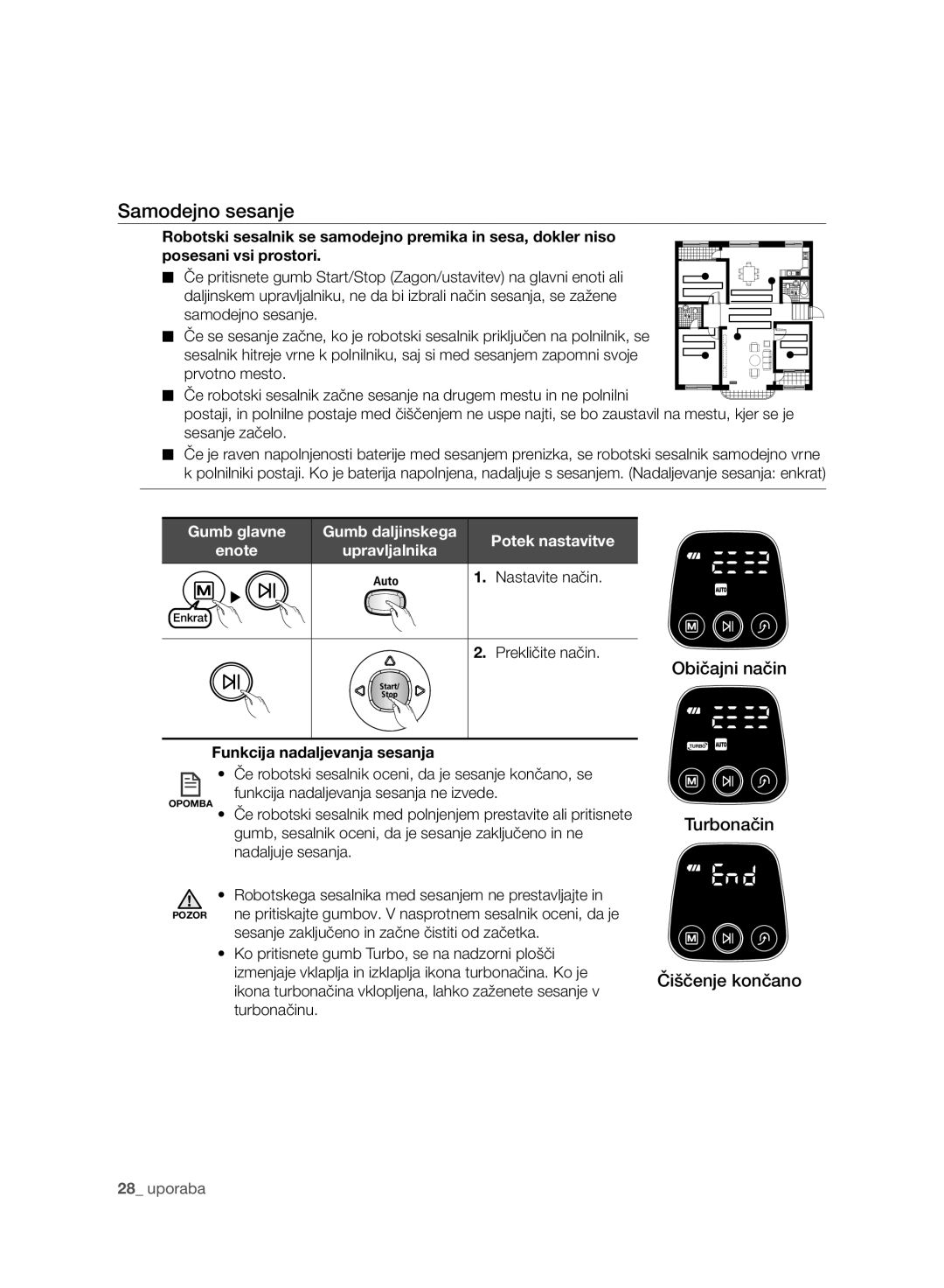 Samsung VCR8930L3R/XET manual Samodejno sesanje, Običajni način Turbonačin Čiščenje končano, Upravljalnika, Nastavite način 