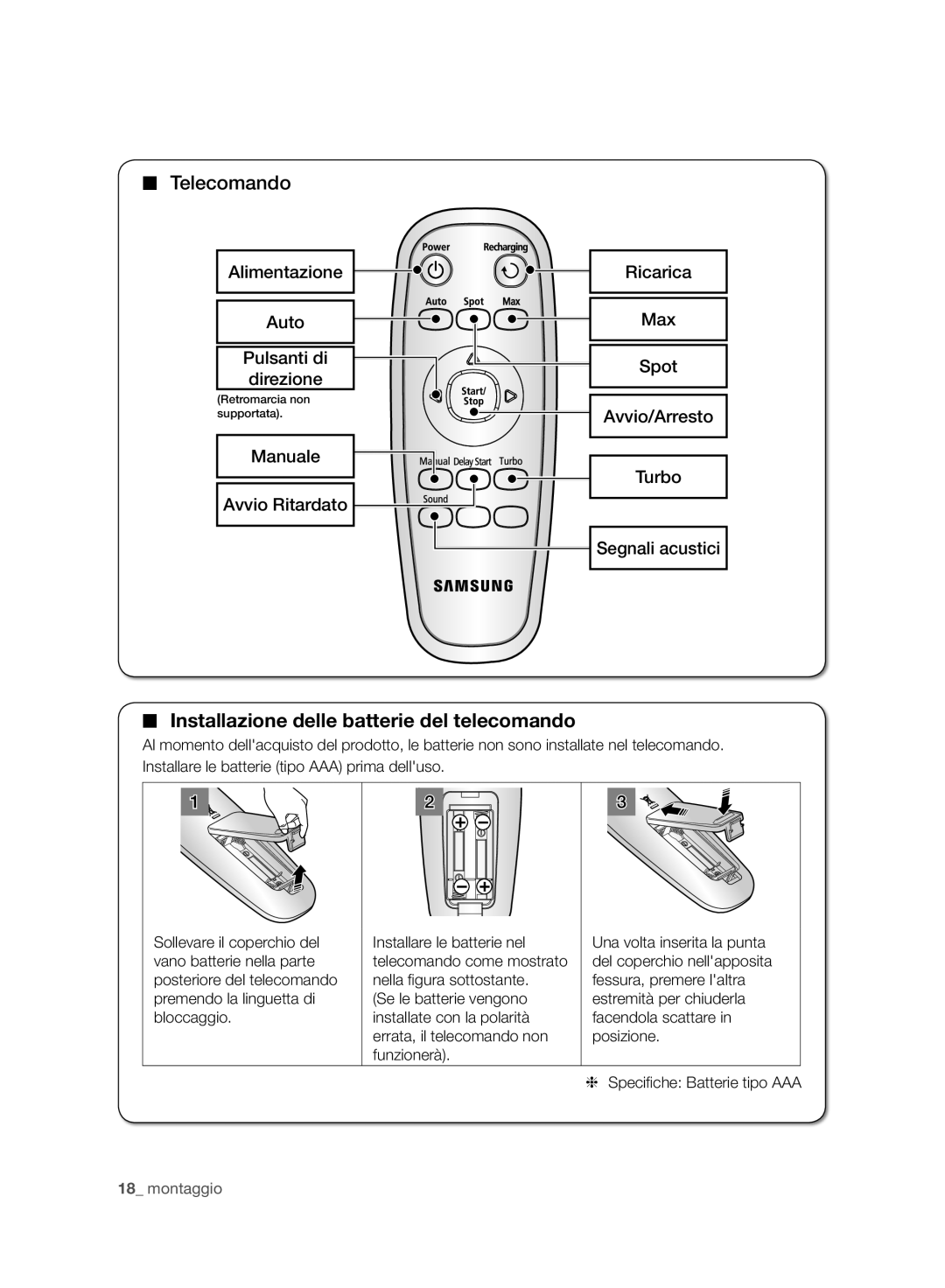 Samsung VCR8930L3R/XET manual Installazione delle batterie del telecomando, Alimentazione Auto Pulsanti di Direzione 