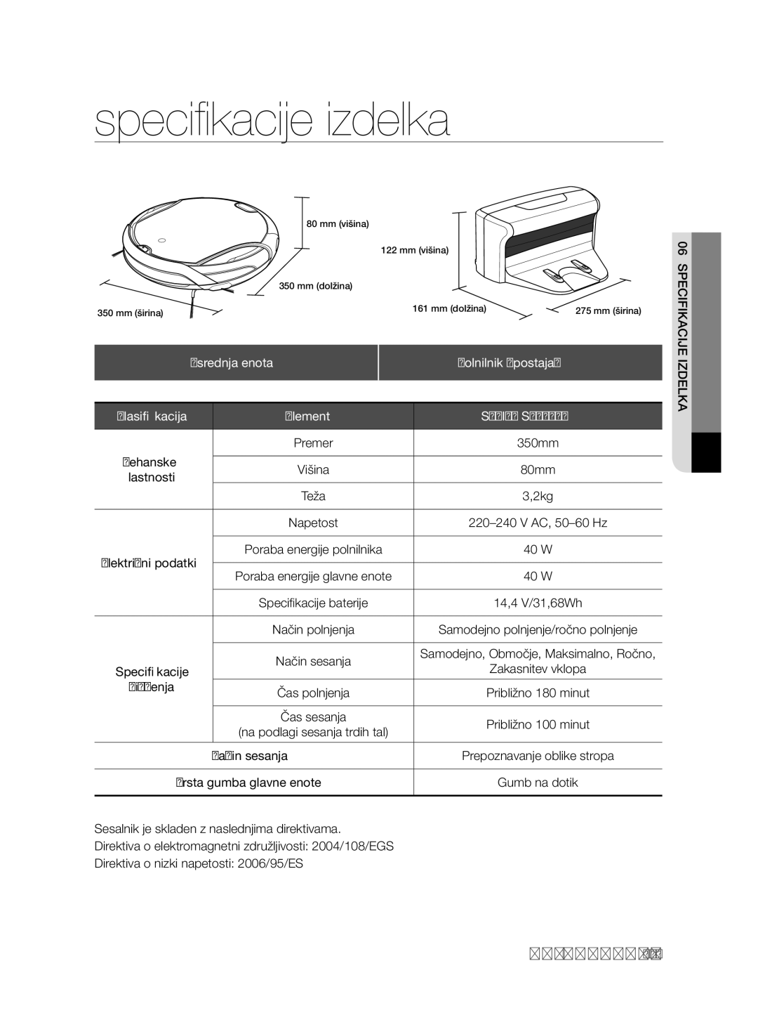 Samsung VCR8930L3R/XEE, VCR8930L3R/XET manual Osrednja enota, Polnilnik postaja, Premer 350mm, Čiščenja, Gumb na dotik 