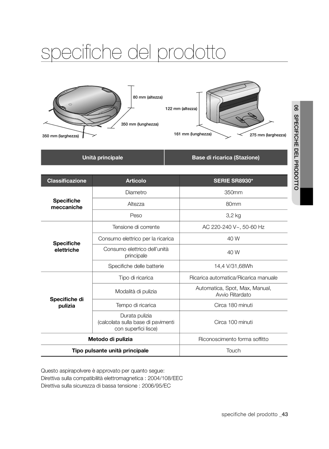 Samsung VCR8930L3R/XEE, VCR8930L3R/XET manual Unità principale, Base di ricarica Stazione, Diametro 350mm, 80mm, Peso 