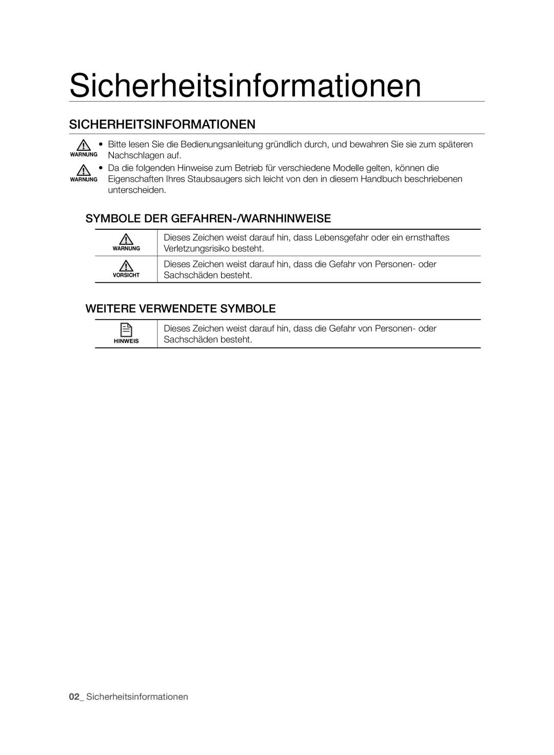 Samsung VCR8930L3R/XET manual Sicherheitsinformationen, Symbole DER GEFAHREN-/WARNHINWEISE, Weitere Verwendete Symbole 