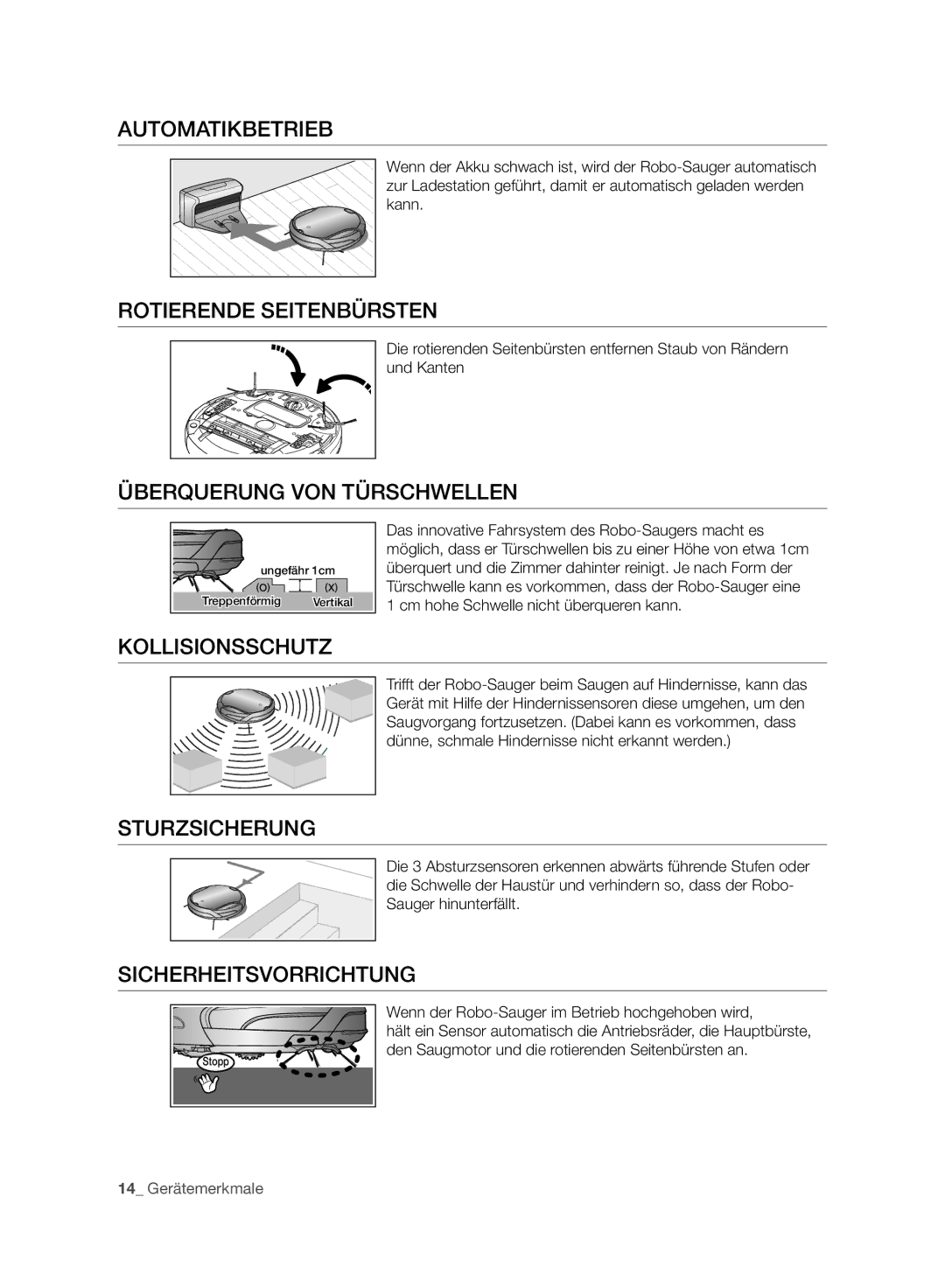 Samsung VCR8930L3R/XET manual Automatikbetrieb, Rotierende Seitenbürsten, Überquerung VON Türschwellen, Kollisionsschutz 