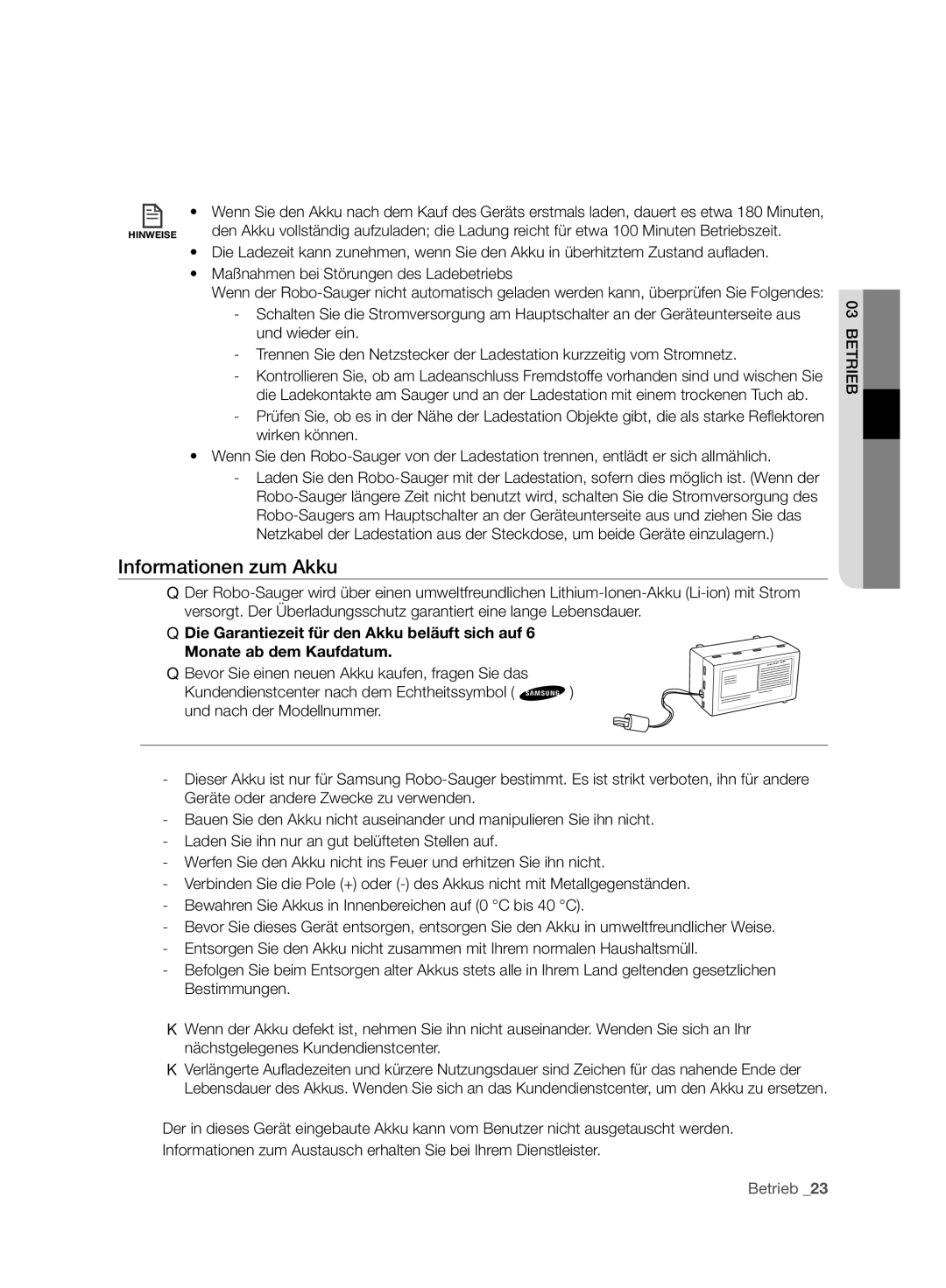 Samsung VCR8930L3R/XEE, VCR8930L3R/XET manual Informationen zum Akku 