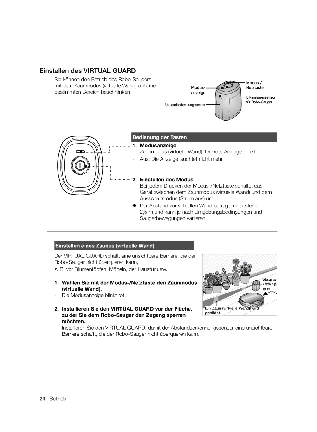 Samsung VCR8930L3R/XET manual Einstellen des Virtual Guard, Bedienung der Tasten, Einstellen eines Zaunes virtuelle Wand 