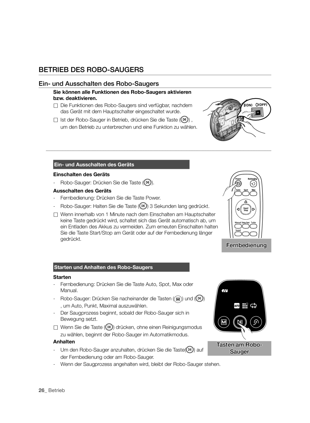 Samsung VCR8930L3R/XET, VCR8930L3R/XEE manual Betrieb DES ROBO-SAUGERS, Ein- und Ausschalten des Robo-Saugers, Fernbedienung 