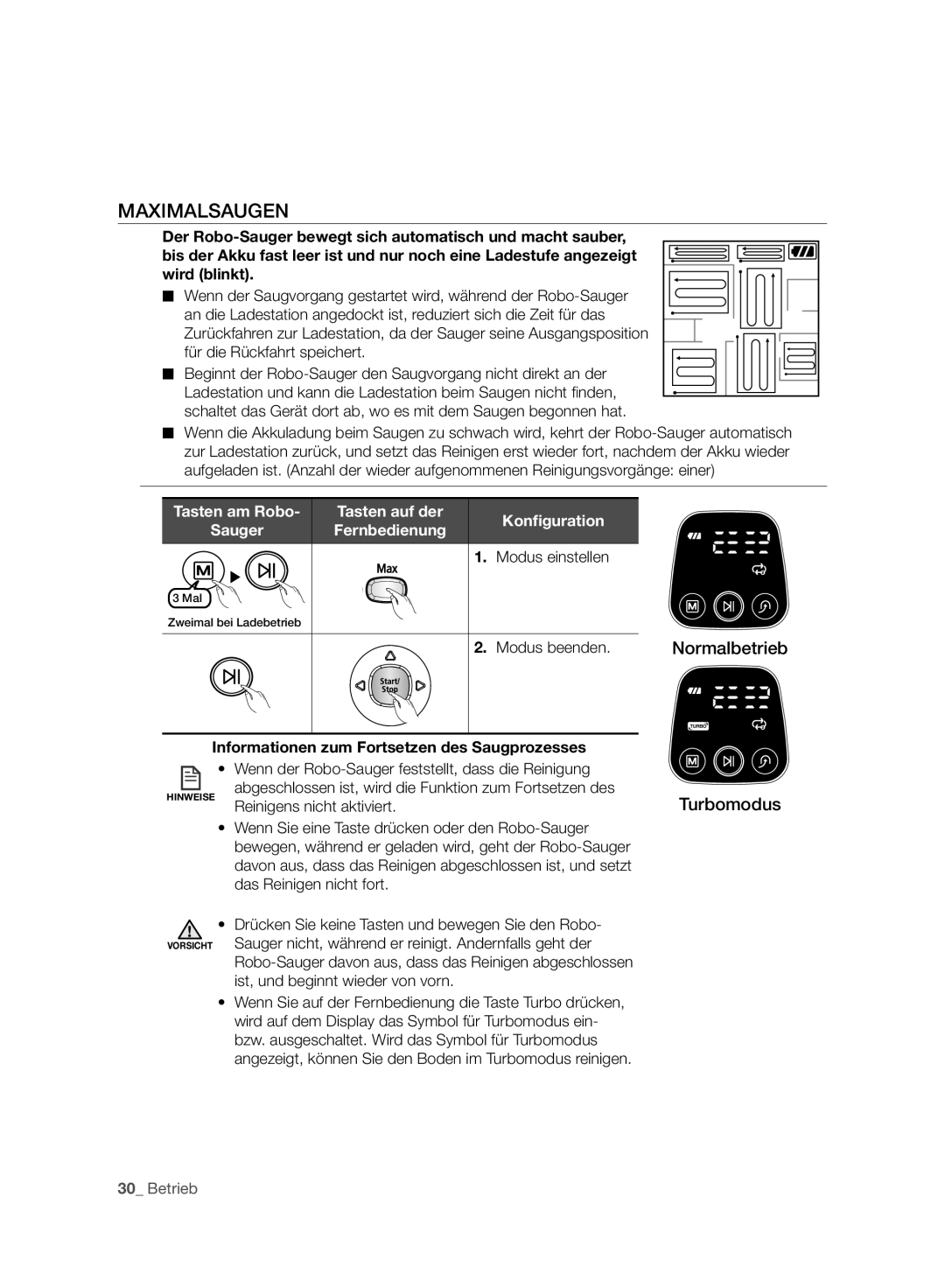 Samsung VCR8930L3R/XET, VCR8930L3R/XEE manual Maximalsaugen, Modus einstellen, Modus beenden, Turbomodus 