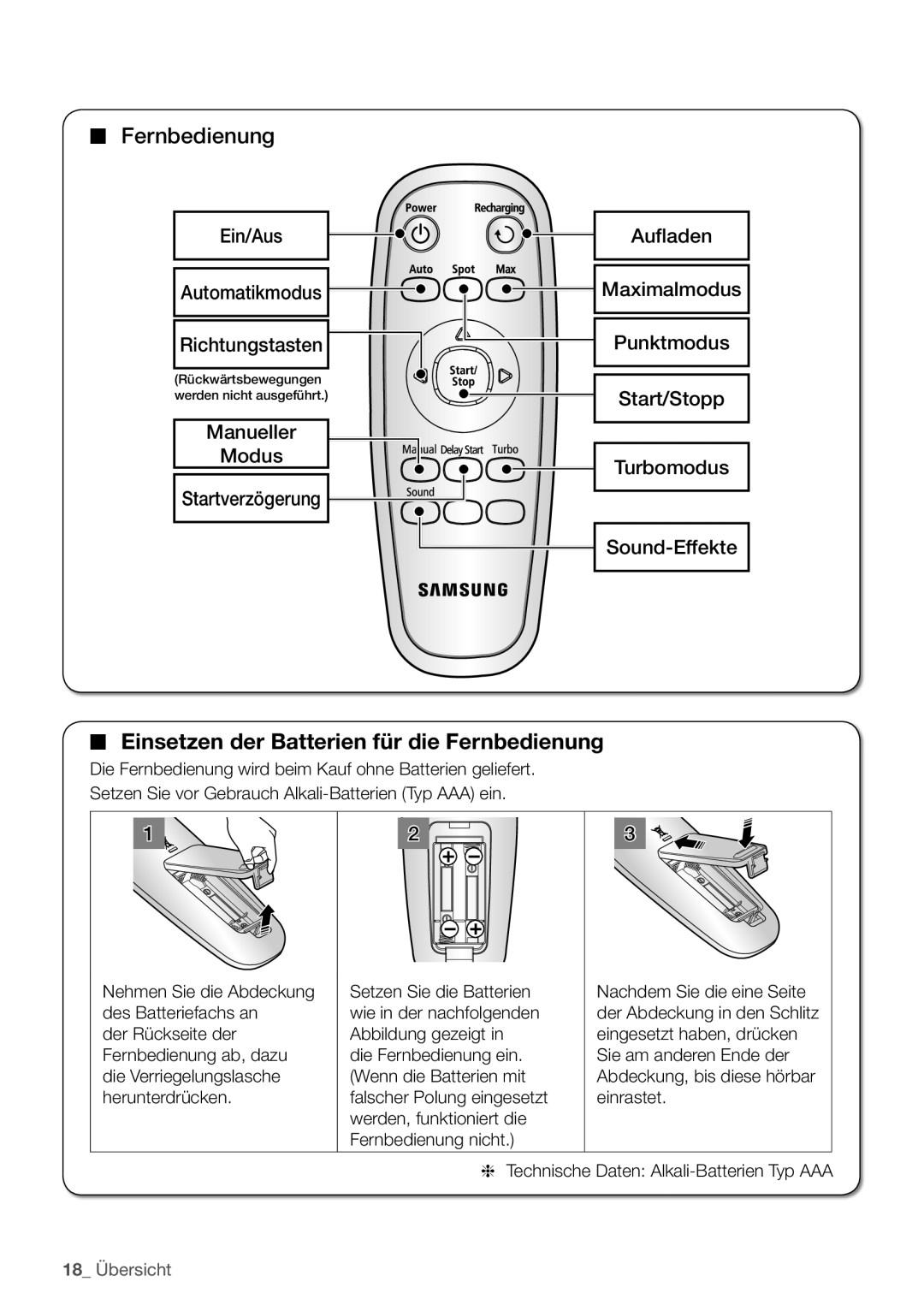 Samsung VCR8930L3S/XEG manual Einsetzen der Batterien für die Fernbedienung 