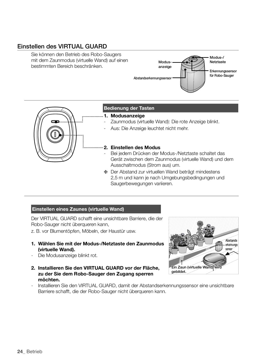 Samsung VCR8930L3S/XEG manual Einstellen des Virtual Guard, Bedienung der Tasten, Einstellen eines Zaunes virtuelle Wand 