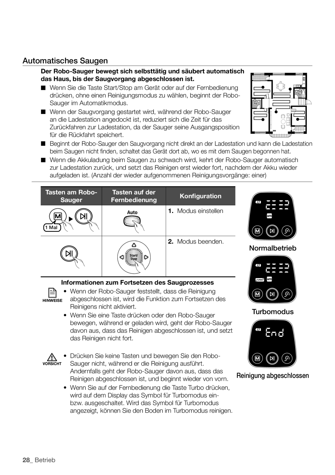 Samsung VCR8930L3S/XEG Automatisches Saugen, Informationen zum Fortsetzen des Saugprozesses, Reinigens nicht aktiviert 