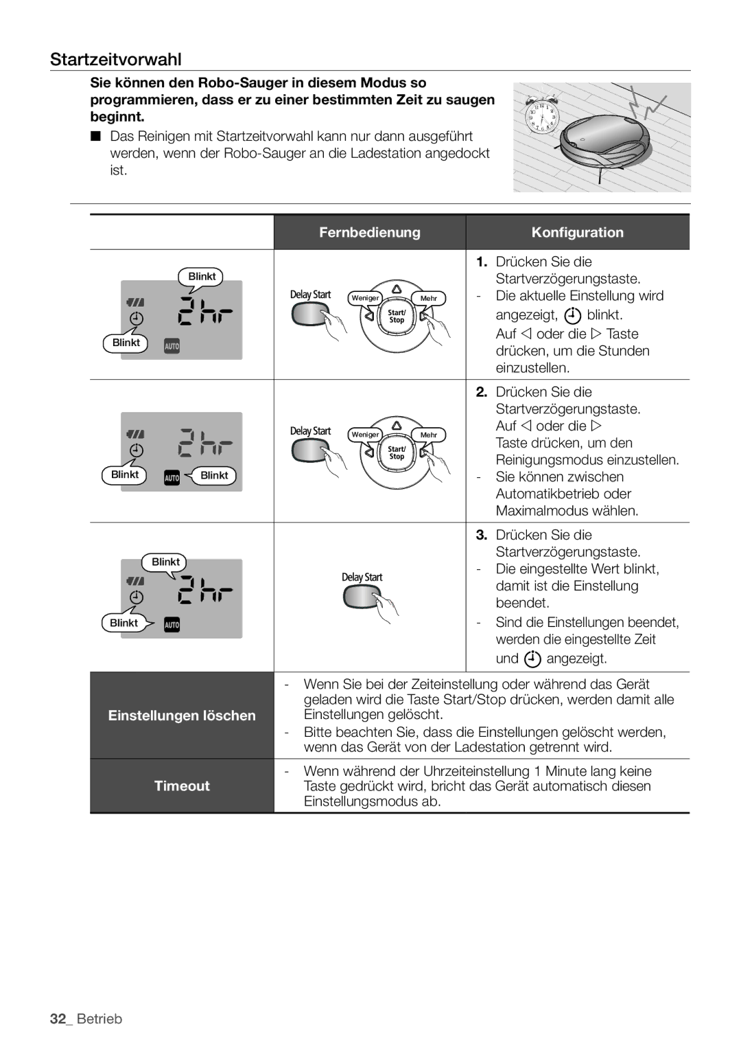 Samsung VCR8930L3S/XEG manual Startzeitvorwahl, Fernbedienung, Einstellungen löschen, Timeout 