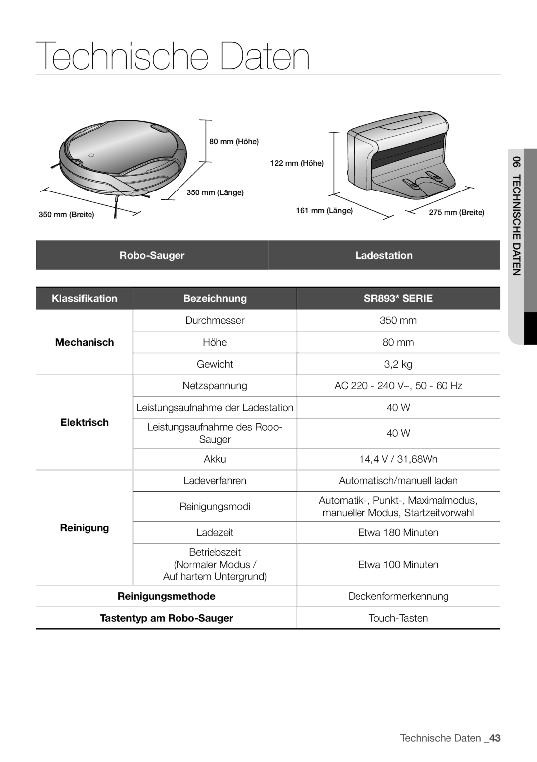 Samsung VCR8930L3S/XEG manual Robo-Sauger, Ladestation, Bezeichnung 