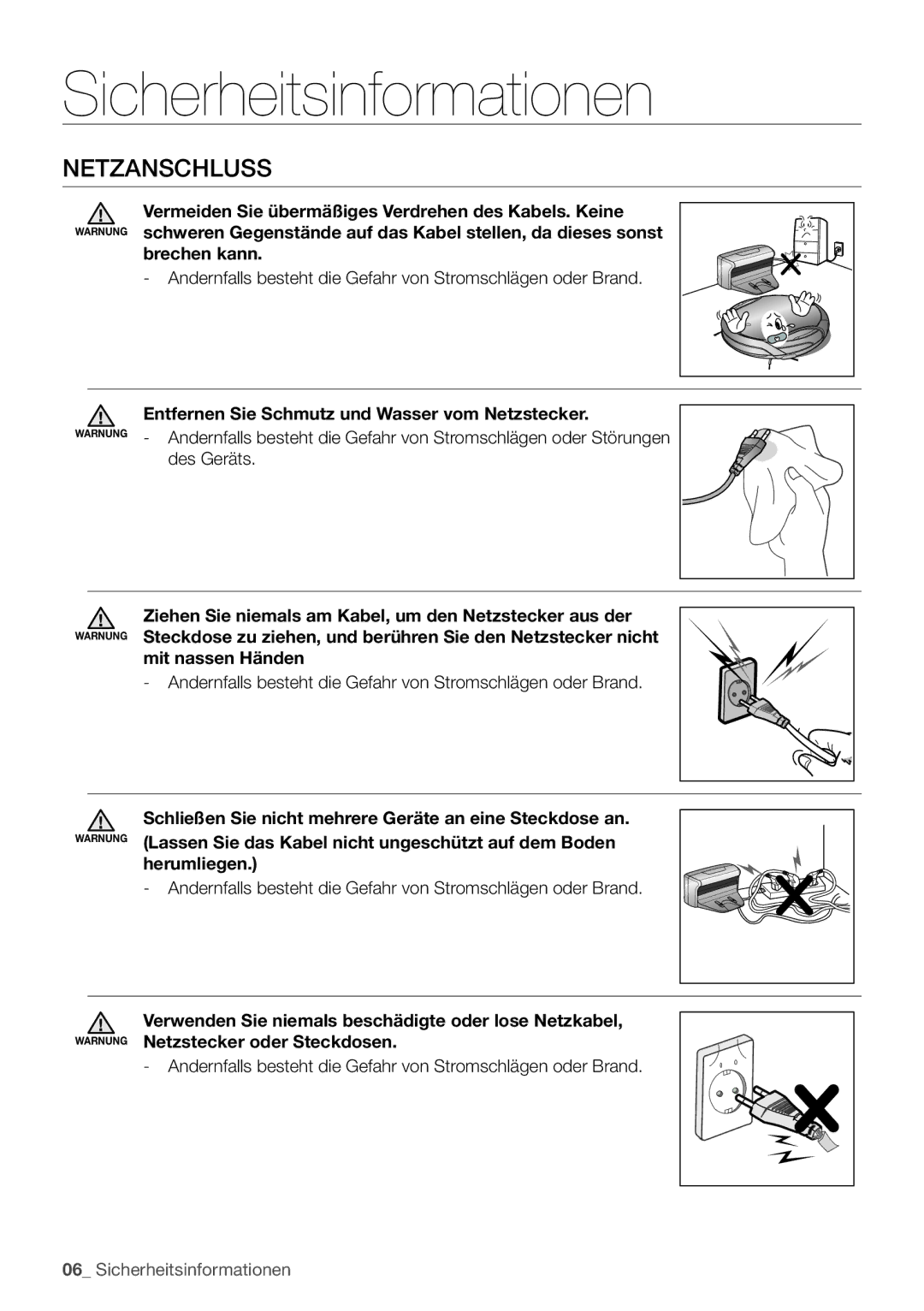 Samsung VCR8930L3S/XEG manual Netzanschluss, Brechen kann, Andernfalls besteht die Gefahr von Stromschlägen oder Brand 