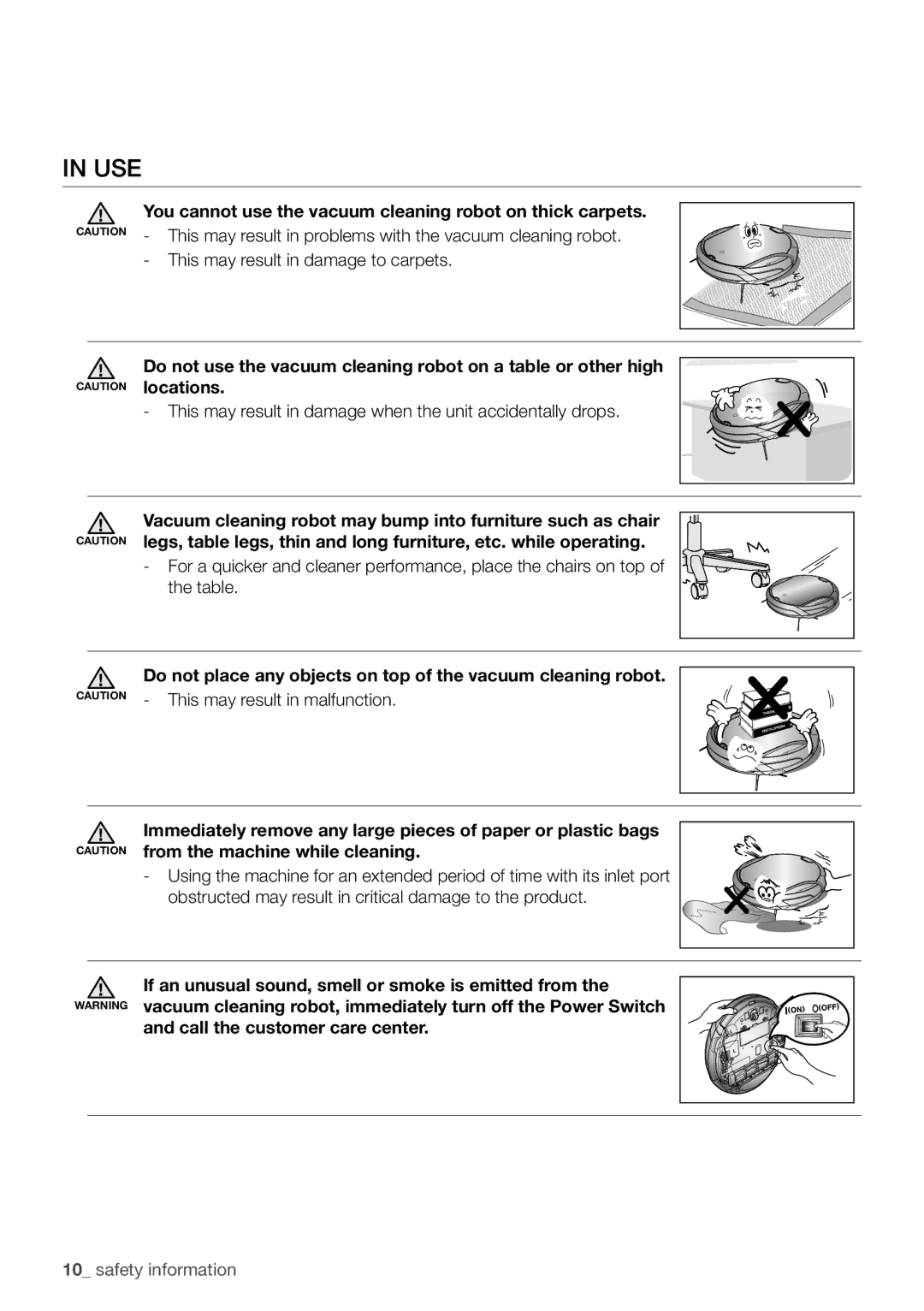 Samsung VCR8930L3S/XEG manual Use, You cannot use the vacuum cleaning robot on thick carpets, Call the customer care center 