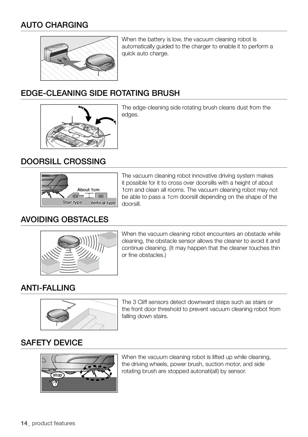 Samsung VCR8930L3S/XEG manual Auto Charging, Doorsill Crossing, Avoiding Obstacles, Anti-Falling, Safety Device 