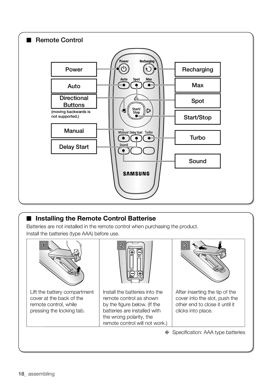 Samsung VCR8930L3S/XEG manual Installing the Remote Control Batterise 