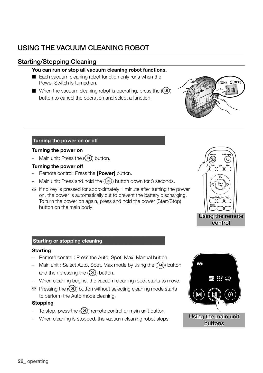 Samsung VCR8930L3S/XEG manual Using the vacuum cleaning robot, Starting/Stopping Cleaning, Turning the power on or off 