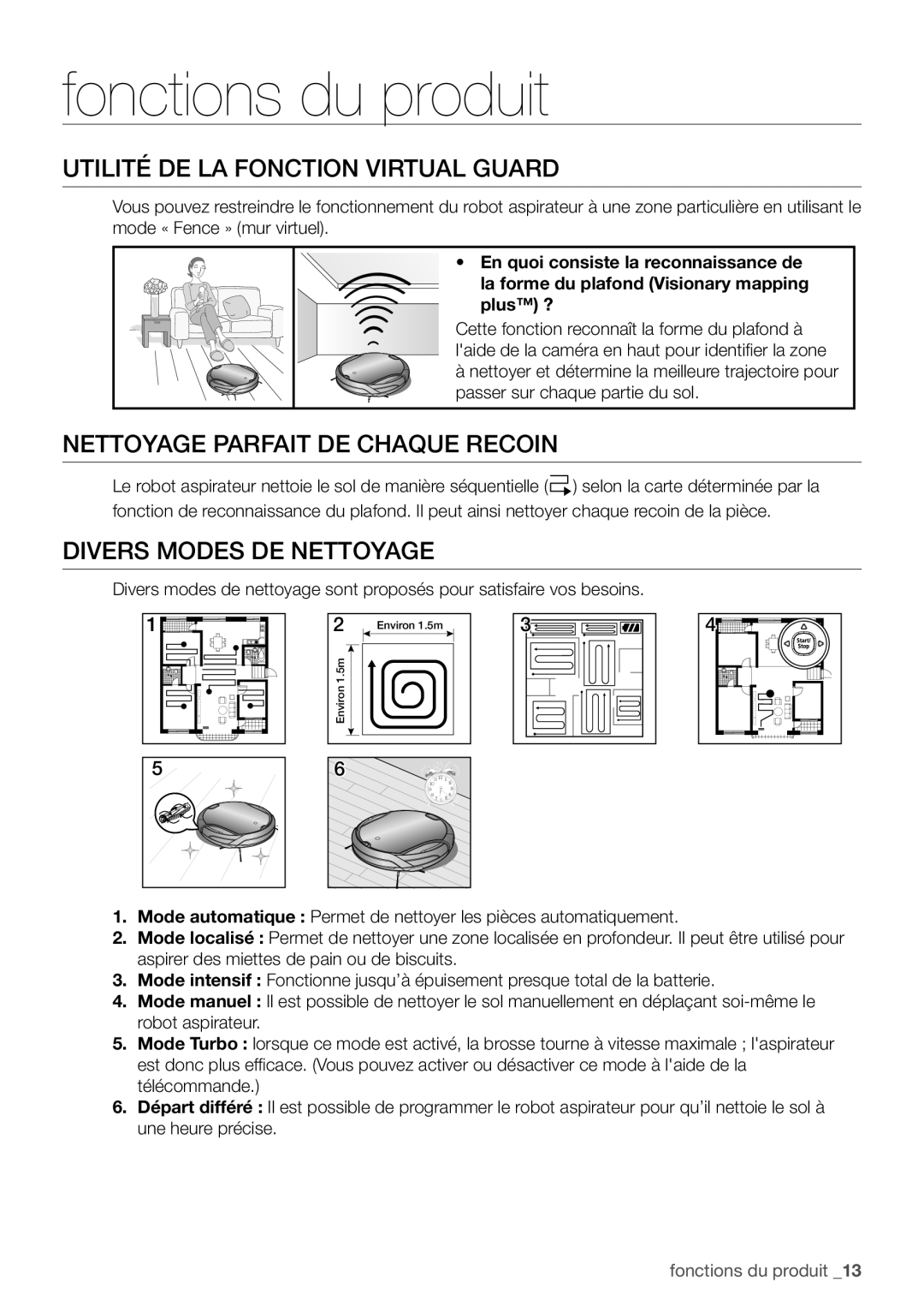 Samsung VCR8939L3S/XEF manual Fonctions du produit, Divers modes de nettoyage 