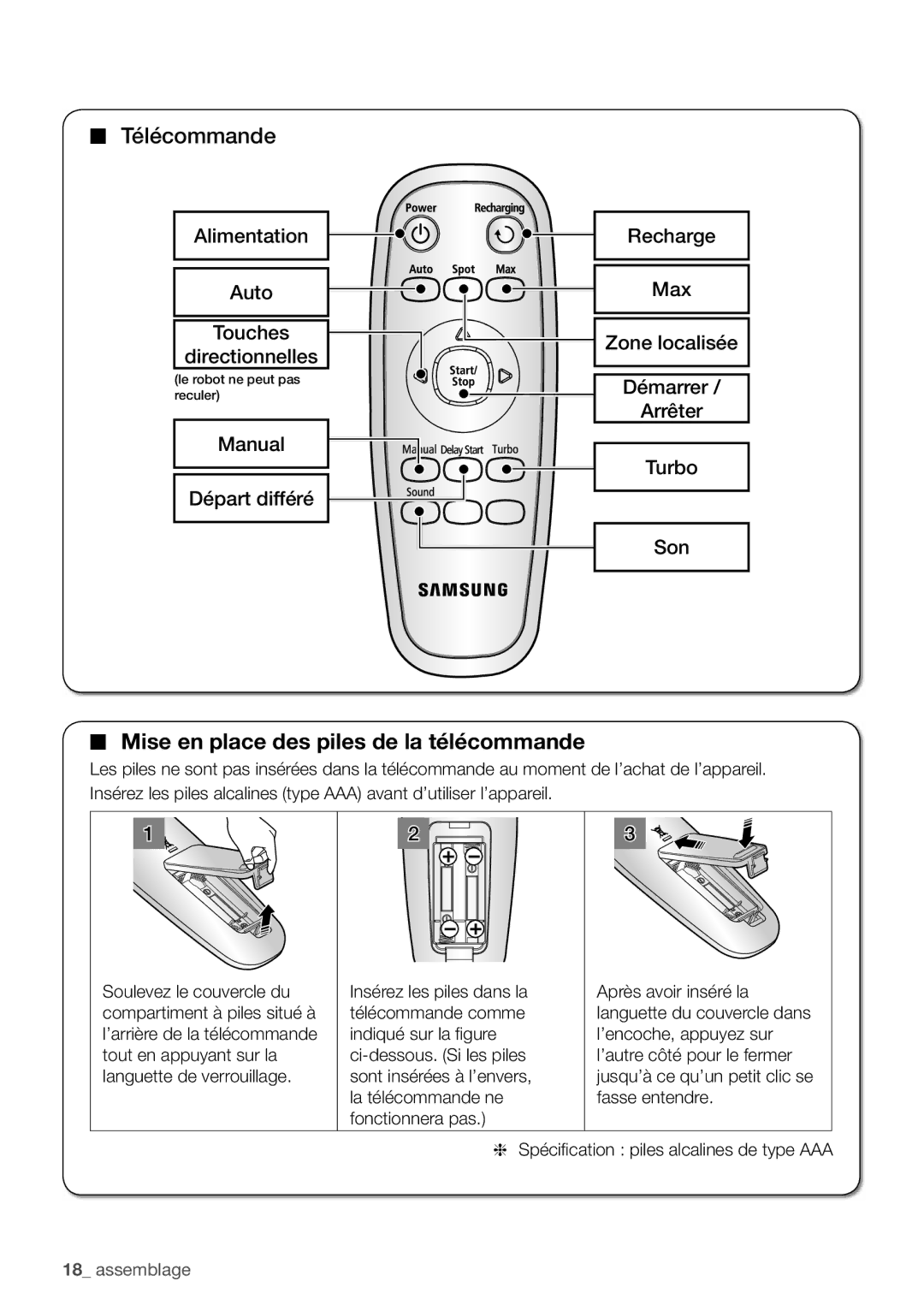 Samsung VCR8939L3S/XEF manual Mise en place des piles de la télécommande 