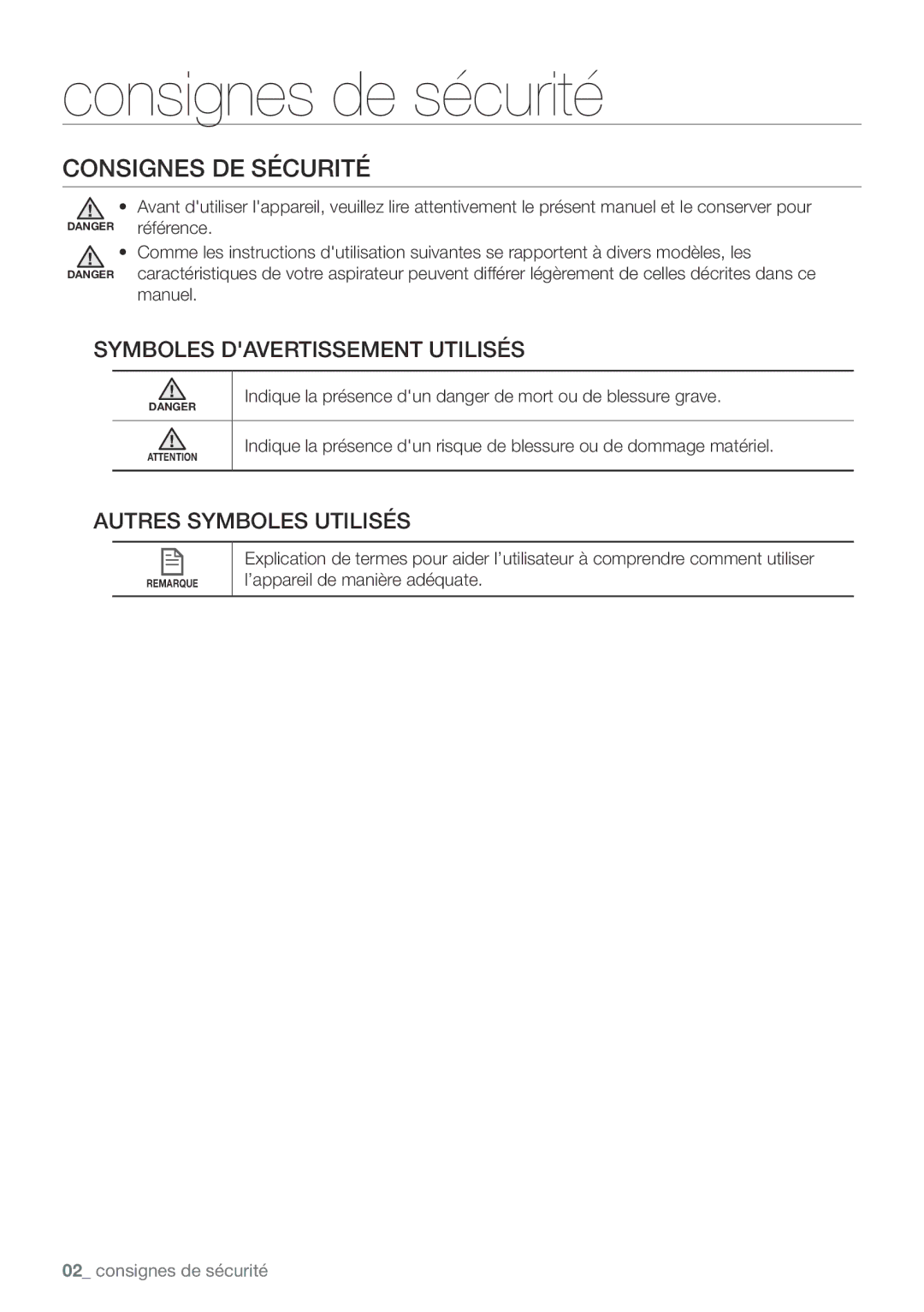 Samsung VCR8939L3S/XEF manual Consignes de sécurité, Indique la présence dun danger de mort ou de blessure grave 