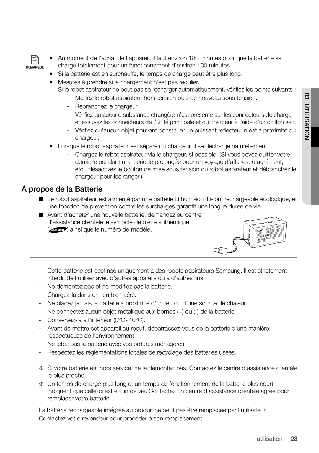 Samsung VCR8939L3S/XEF manual Propos de la Batterie, Isl03 uti tion 