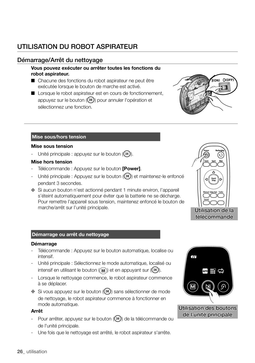 Samsung VCR8939L3S/XEF manual Utilisation du robot aspirateur, Démarrage/Arrêt du nettoyage, Mise sous/hors tension 