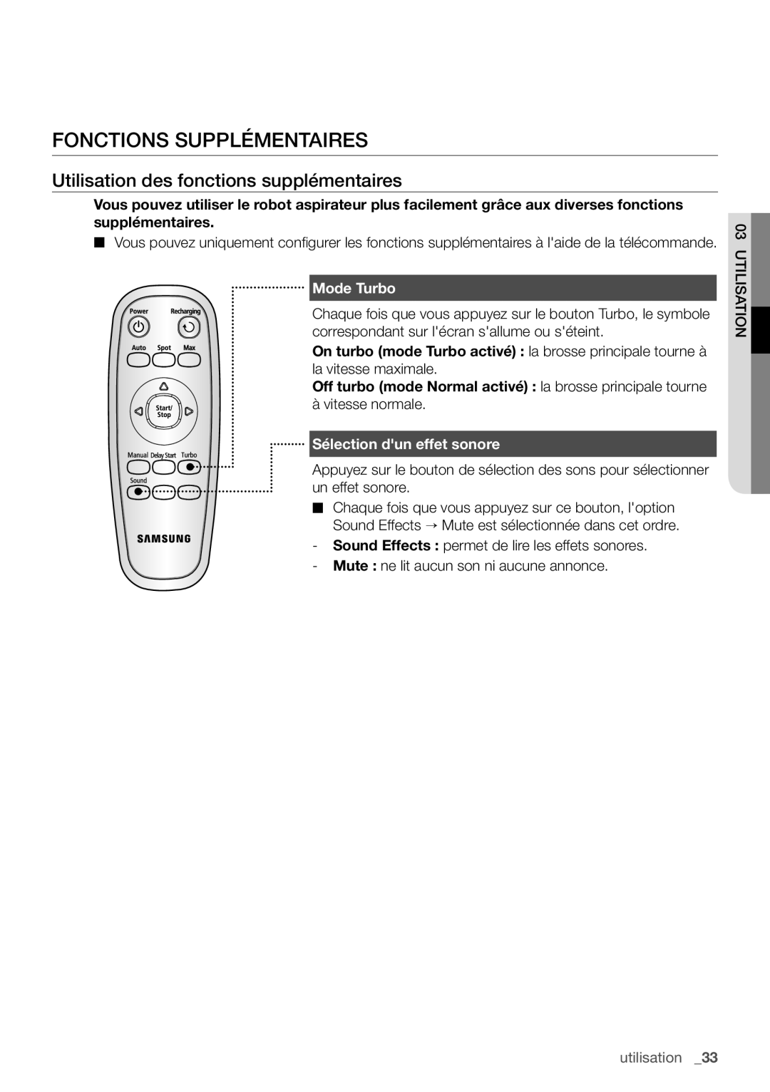 Samsung VCR8939L3S/XEF manual Fonctions supplémentaires, Utilisation des fonctions supplémentaires, Mode Turbo 