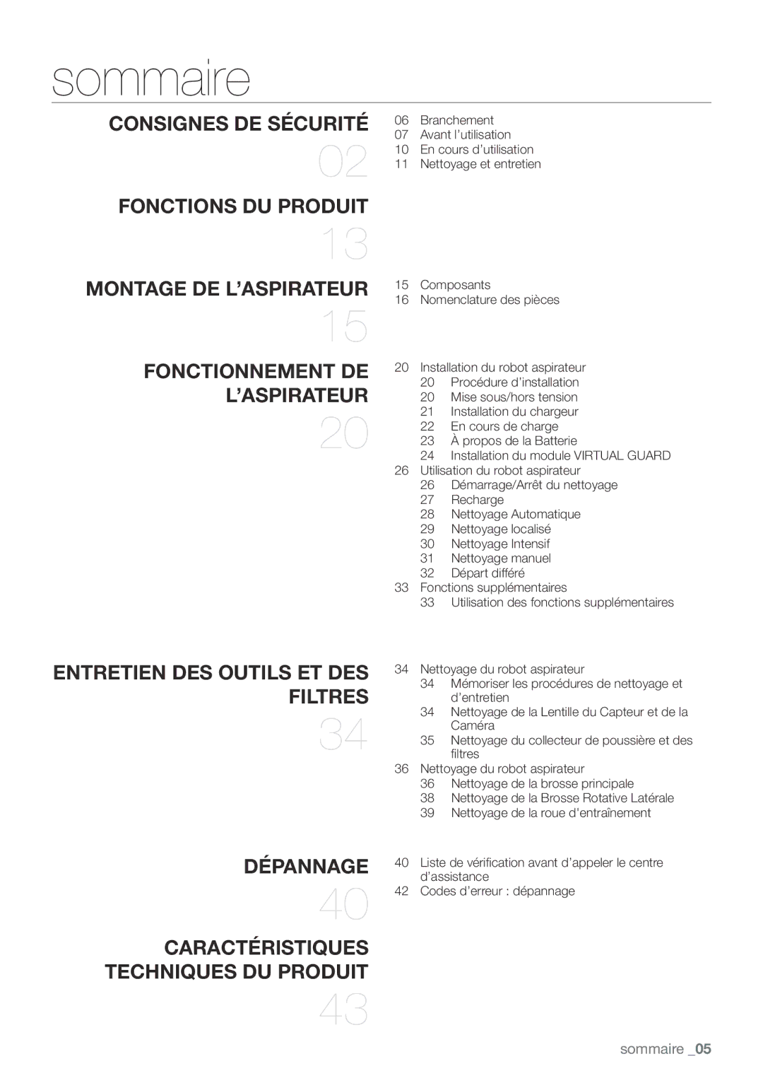 Samsung VCR8939L3S/XEF manual Sommaire, ’aspirateur 