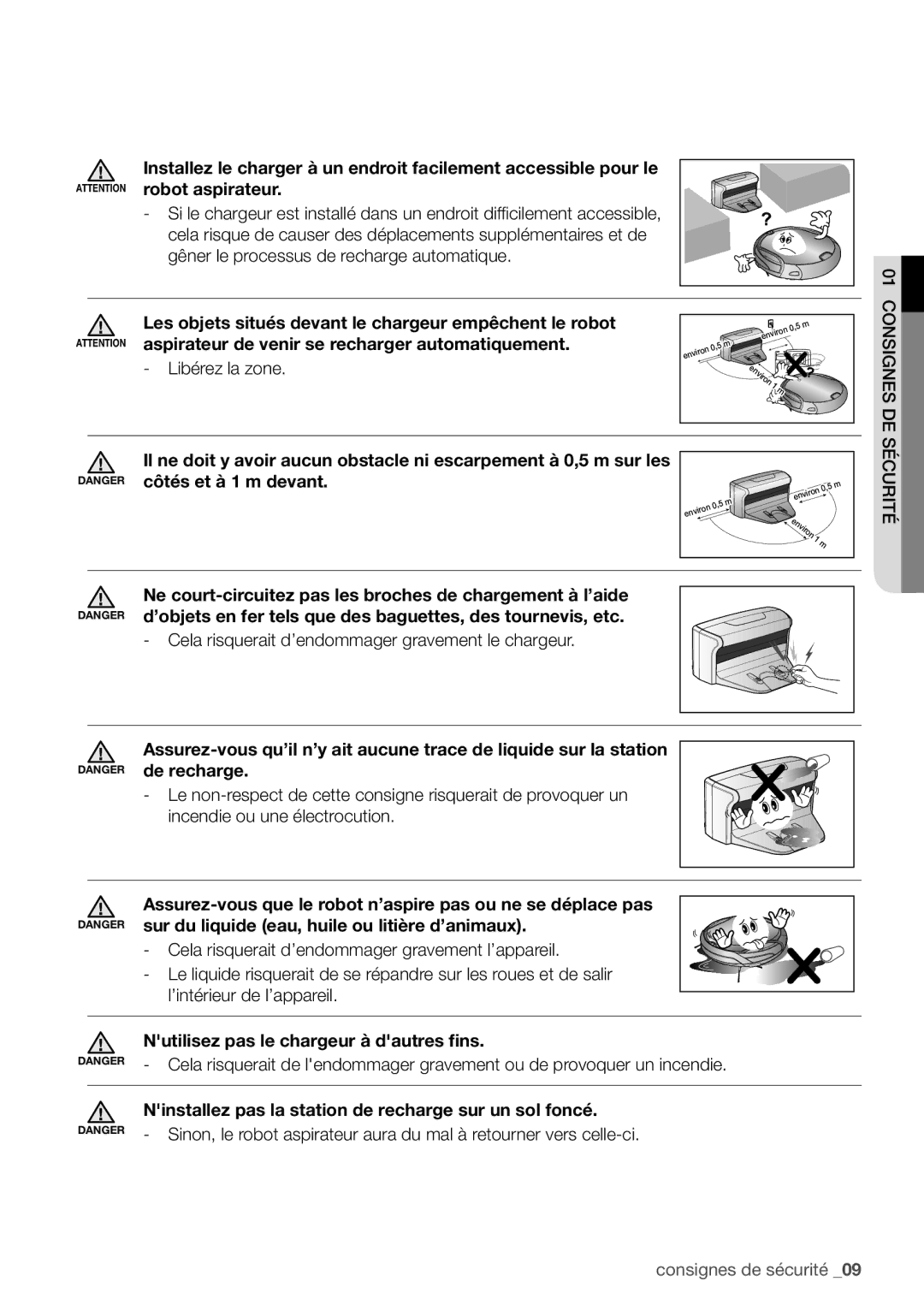 Samsung VCR8939L3S/XEF manual Côtés et à 1 m devant, Ne court-circuitez pas les broches de chargement à l’aide, De recharge 