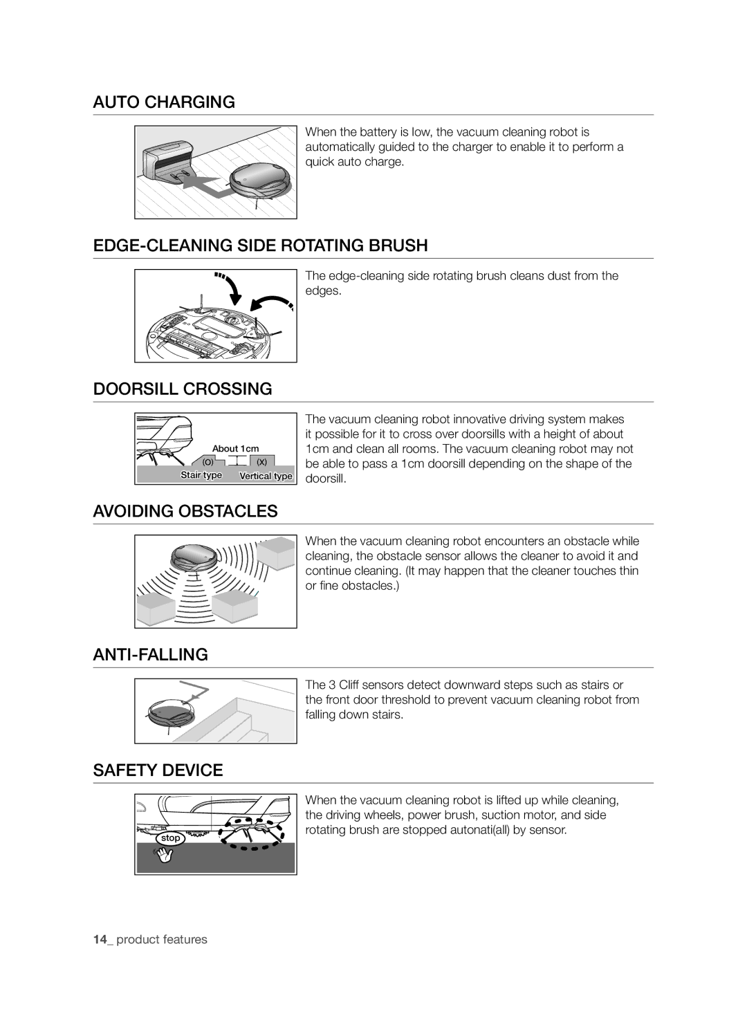 Samsung VCR8940L3R/XET manual Auto Charging, EDGE-CLEANING Side Rotating Brush, Doorsill Crossing, Avoiding Obstacles 