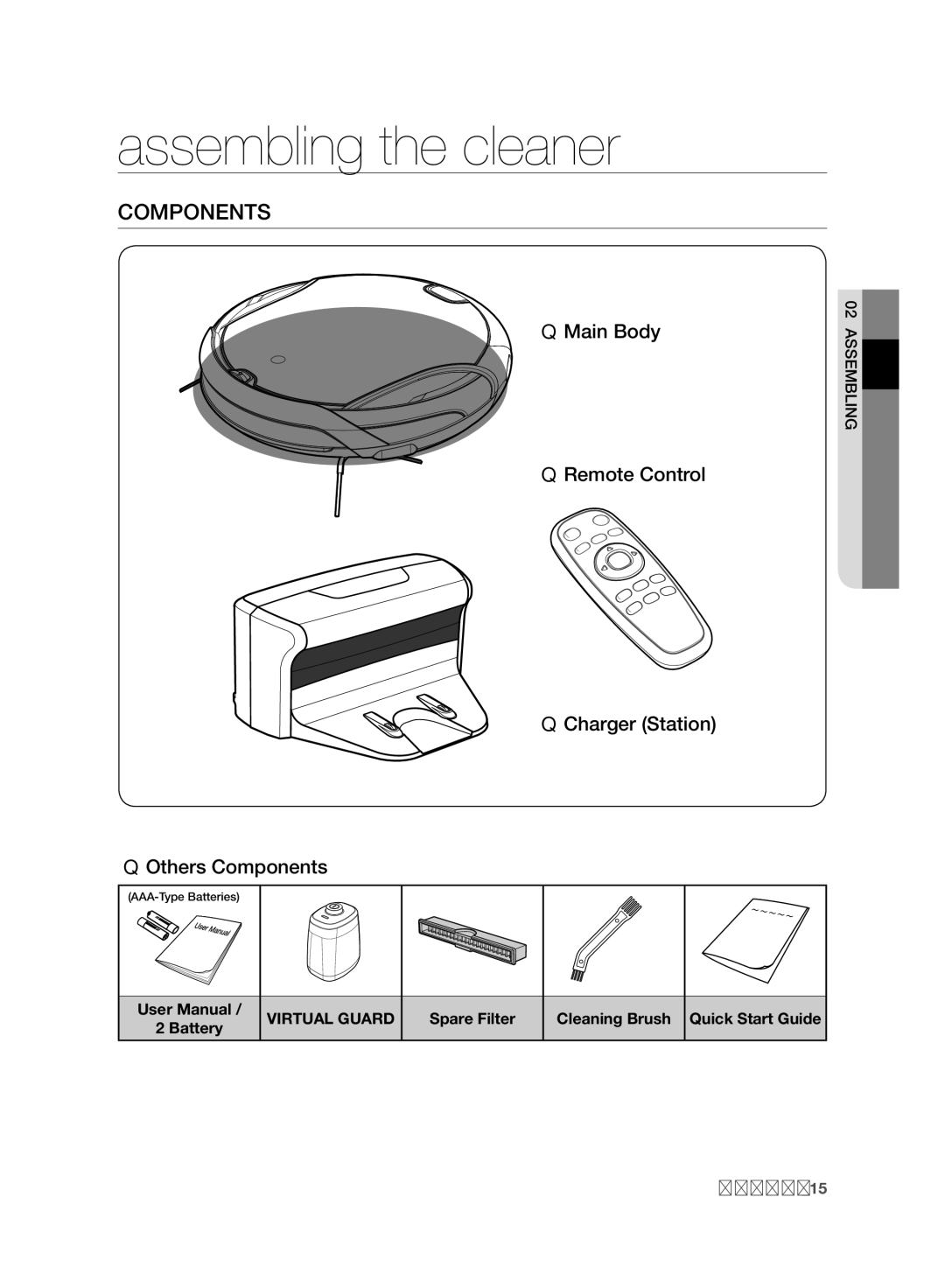 Samsung VCR8940L3R/XET manual Assembling the cleaner, Main Body Remote Control Charger Station Others Components 