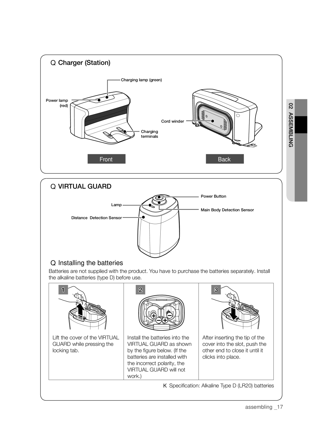 Samsung VCR8940L3R/XET manual Installing the batteries, Back 