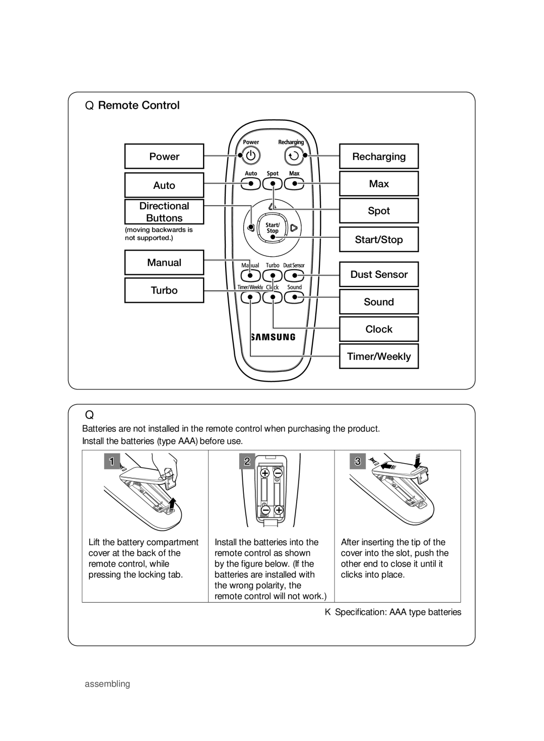 Samsung VCR8940L3R/XET manual Installing the Remote Control Batterise 