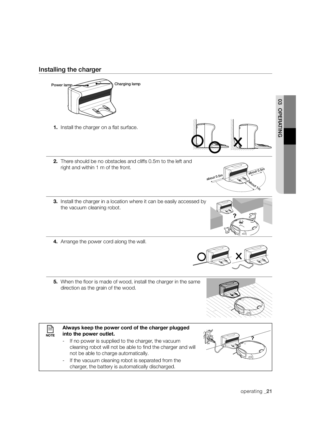 Samsung VCR8940L3R/XET manual Installing the charger, Install the charger on a ﬂ at surface, Vacuum cleaning robot 