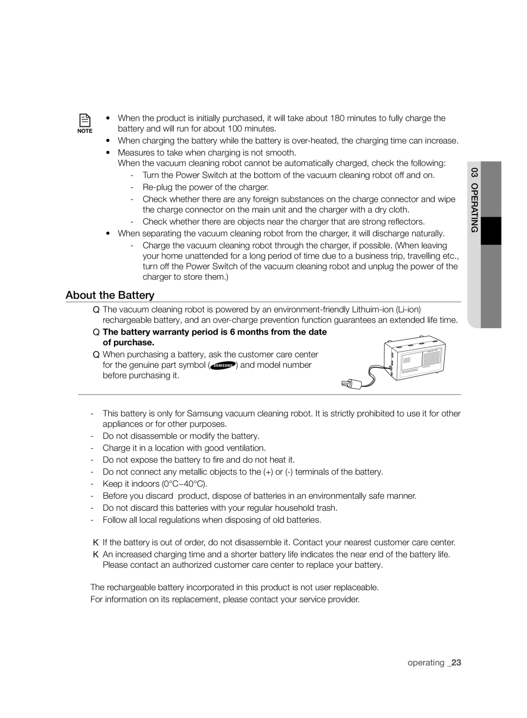 Samsung VCR8940L3R/XET manual About the Battery, Battery and will run for about 100 minutes 