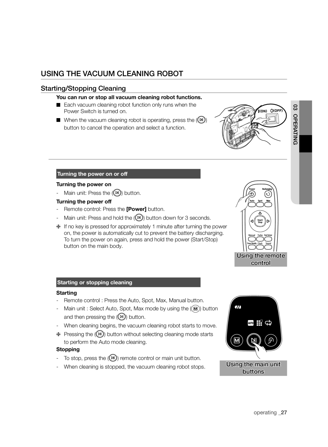 Samsung VCR8940L3R/XET manual Using the Vacuum Cleaning Robot, Starting/Stopping Cleaning, Turning the power on or off 