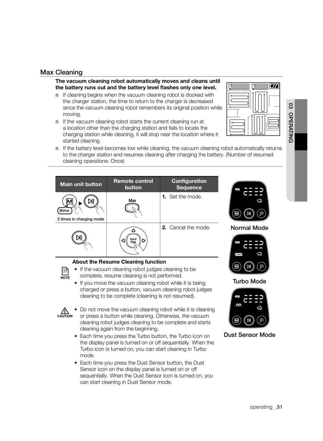 Samsung VCR8940L3R/XET manual Max Cleaning, Cancel the mode, Complete, resume cleaning is not performed 