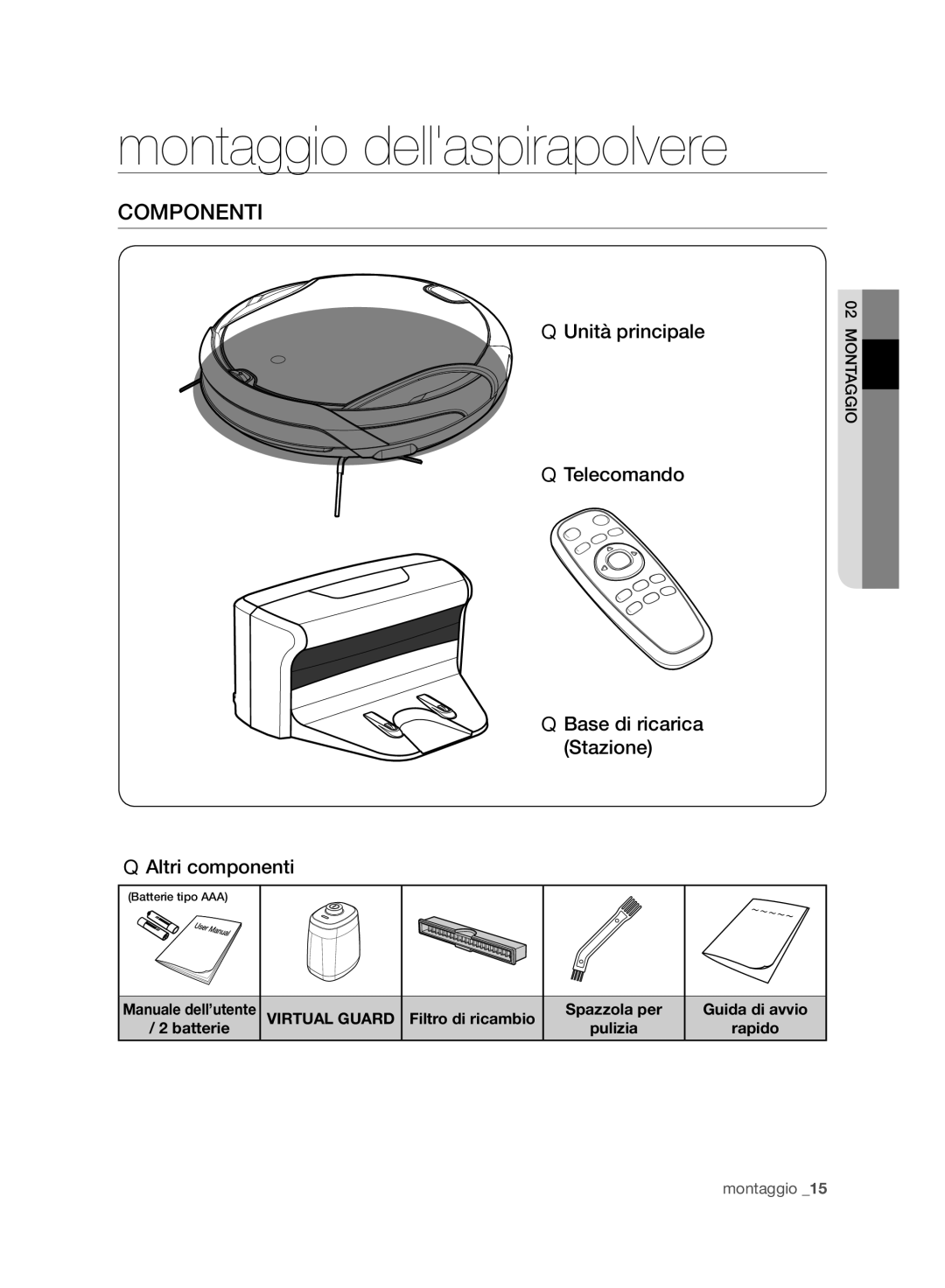 Samsung VCR8940L3R/XET manual Montaggio dellaspirapolvere, Componenti, Virtual Guard Filtro di ricambio 