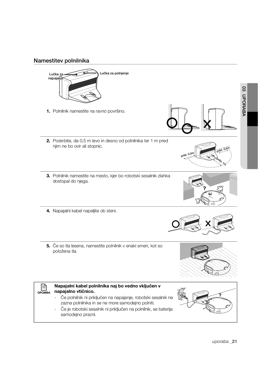 Samsung VCR8940L3R/XET manual Namestitev polnilnika, Polnilnik namestite na ravno površino, Njim ne bo ovir ali stopnic 