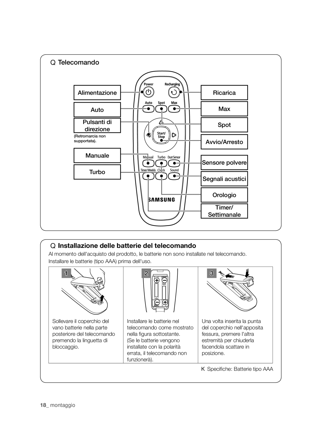 Samsung VCR8940L3R/XET manual Installazione delle batterie del telecomando 