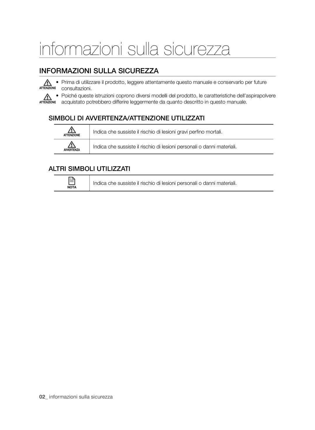 Samsung VCR8940L3R/XET manual Informazioni sulla sicurezza, Informazioni Sulla Sicurezza, Altri Simboli Utilizzati 