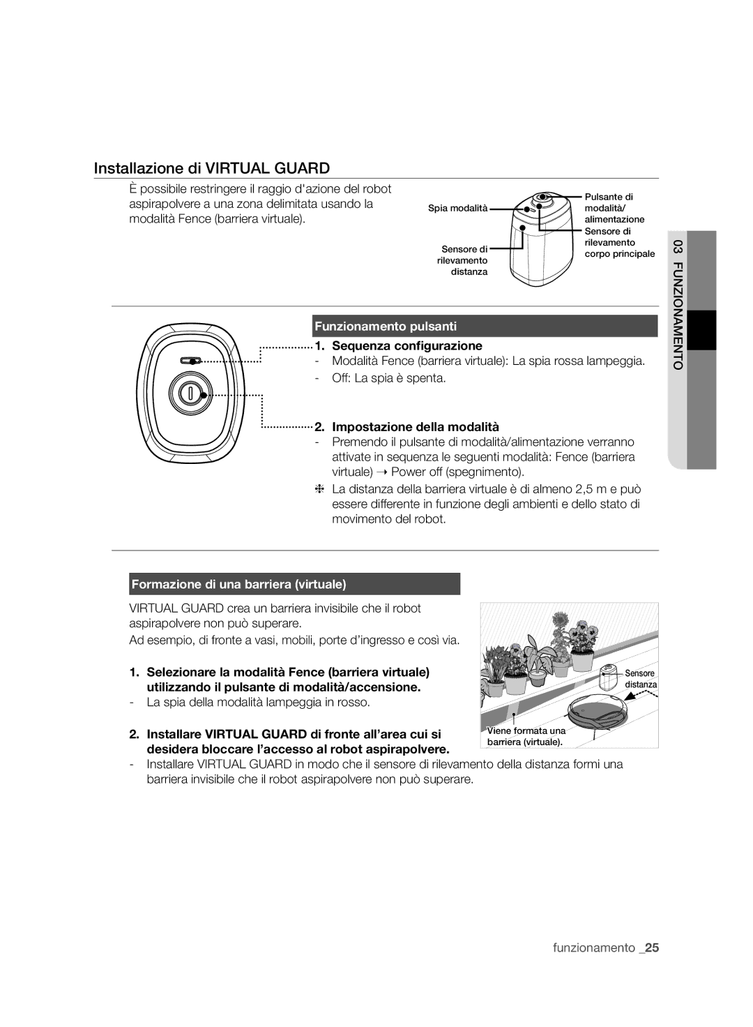 Samsung VCR8940L3R/XET manual Installazione di Virtual Guard, Funzionamento pulsanti, Formazione di una barriera virtuale 