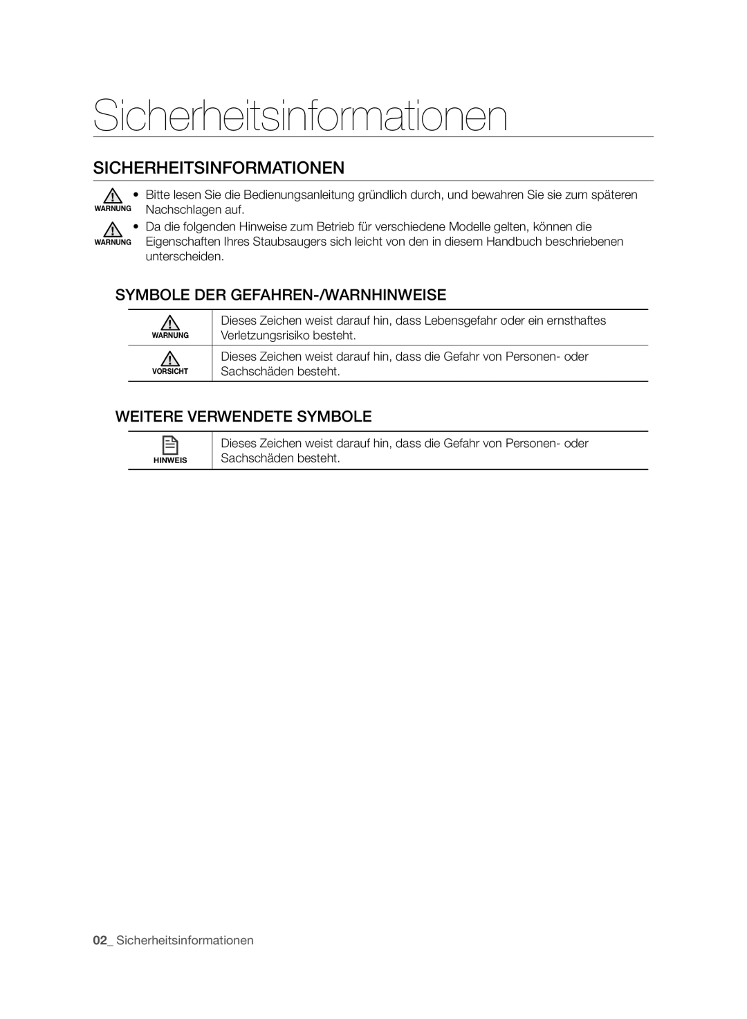 Samsung VCR8940L3R/XET manual Sicherheitsinformationen, Symbole DER GEFAHREN-/WARNHINWEISE, Weitere Verwendete Symbole 