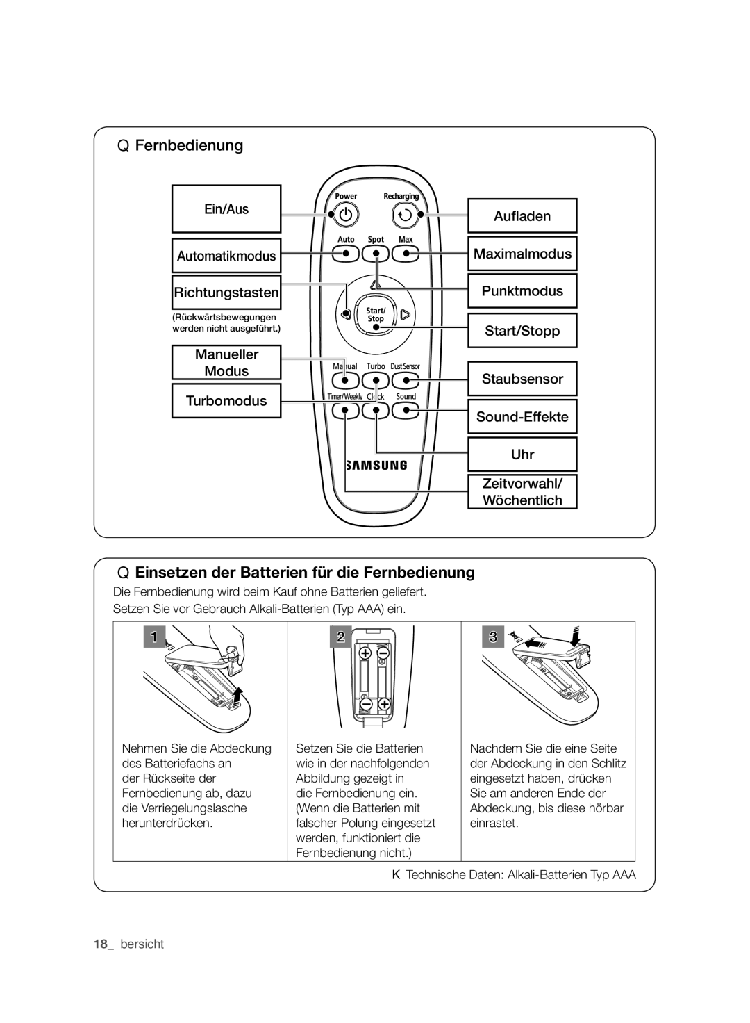 Samsung VCR8940L3R/XET manual Einsetzen der Batterien für die Fernbedienung, Automatikmodus 