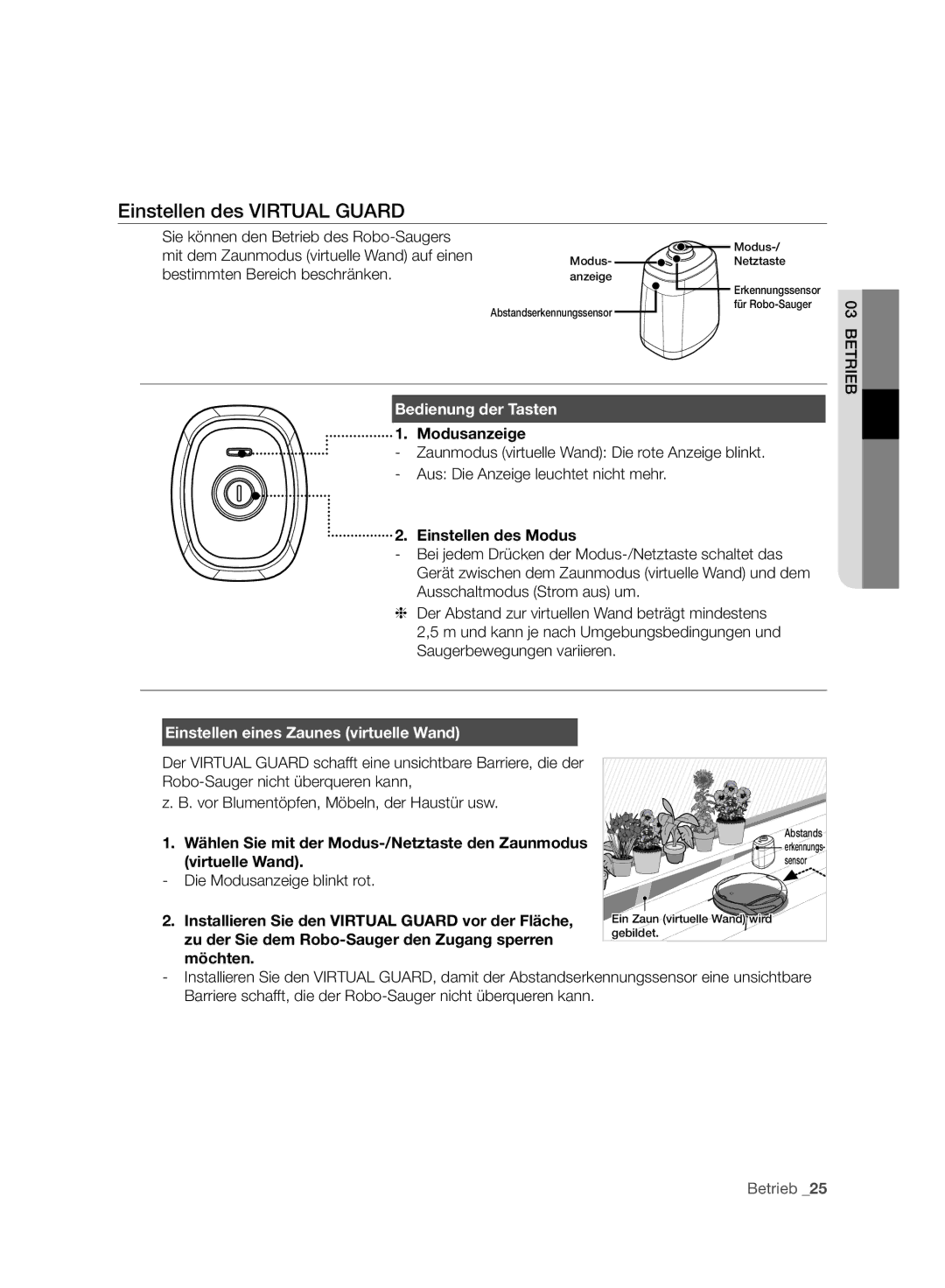 Samsung VCR8940L3R/XET manual Einstellen des Virtual Guard, Bedienung der Tasten, Einstellen eines Zaunes virtuelle Wand 