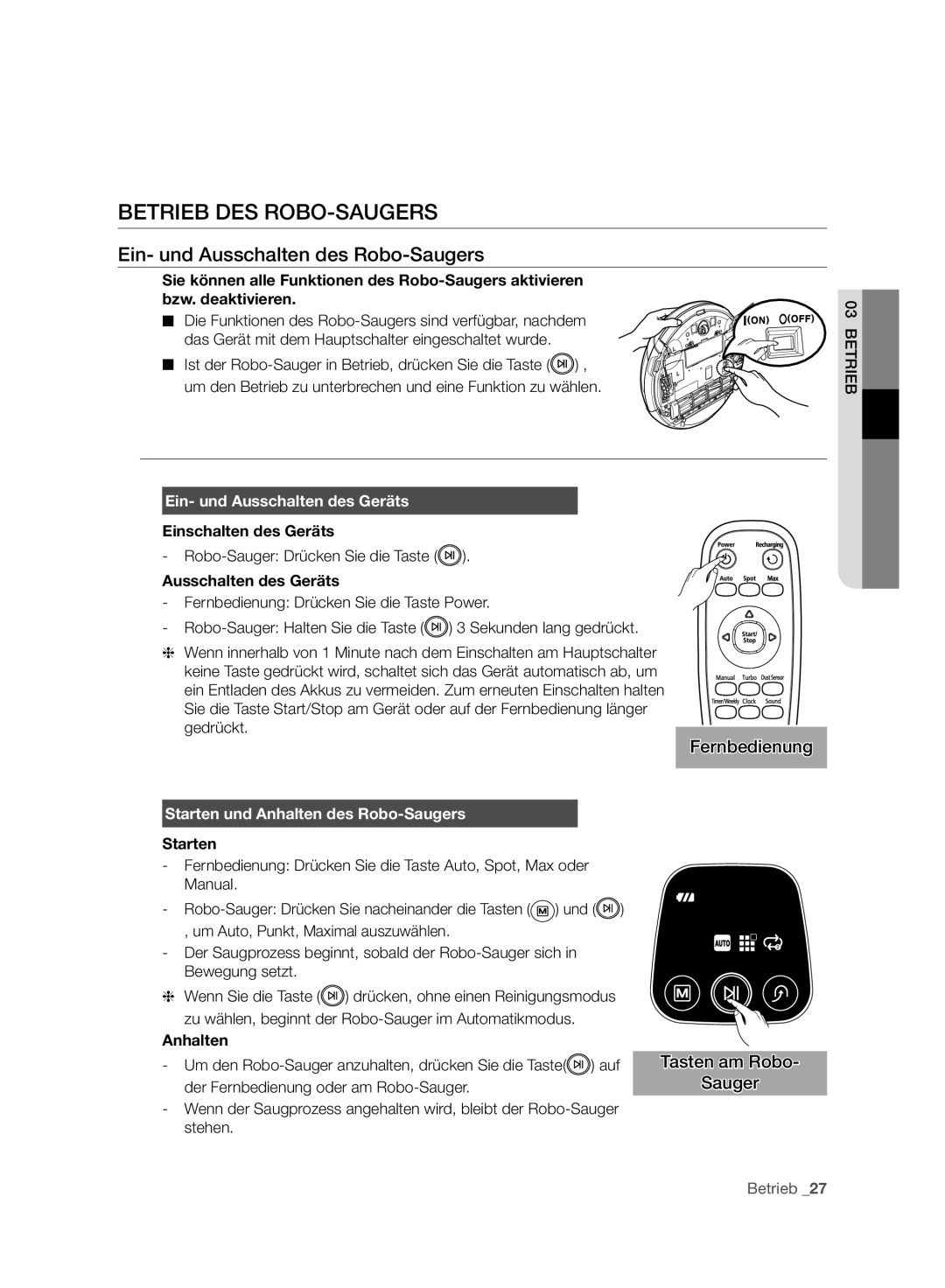Samsung VCR8940L3R/XET Betrieb DES ROBO-SAUGERS, Ein- und Ausschalten des Robo-Saugers, Ein- und Ausschalten des Geräts 