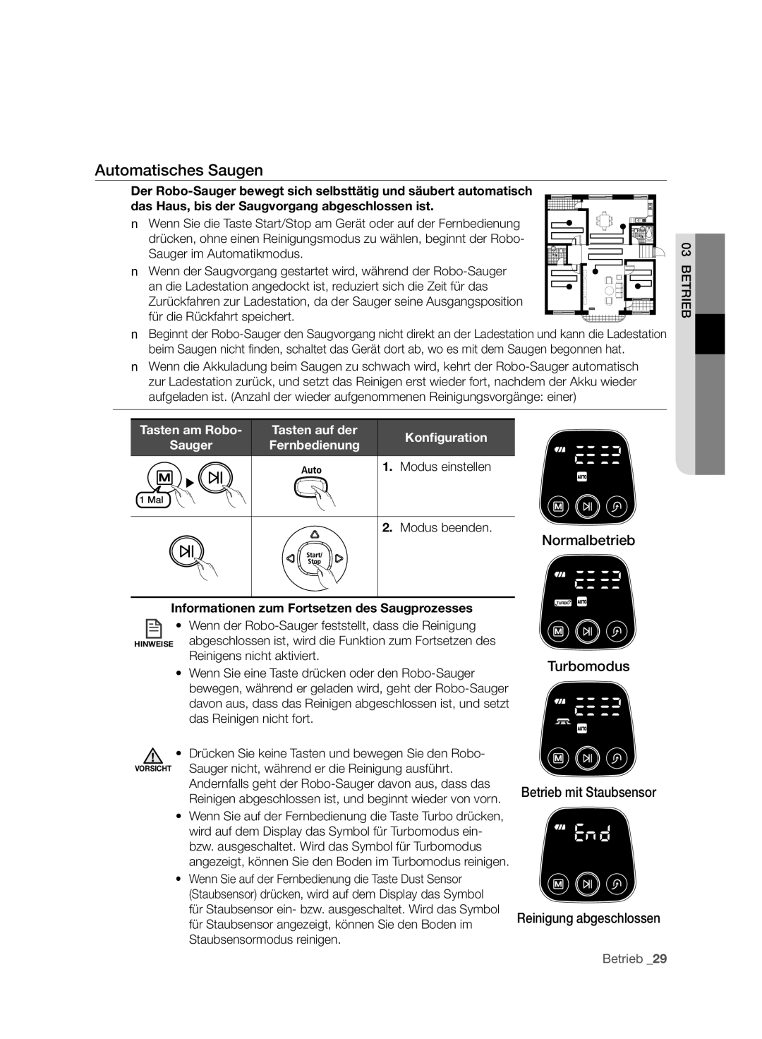 Samsung VCR8940L3R/XET Automatisches Saugen, Informationen zum Fortsetzen des Saugprozesses, Reinigens nicht aktiviert 