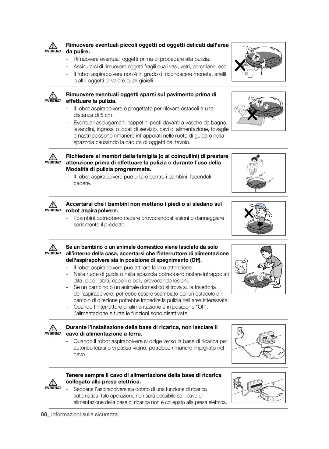 Samsung VCR8940L3R/XET manual Modalità di pulizia programmata, Robot aspirapolvere, Cavo di alimentazione a terra 