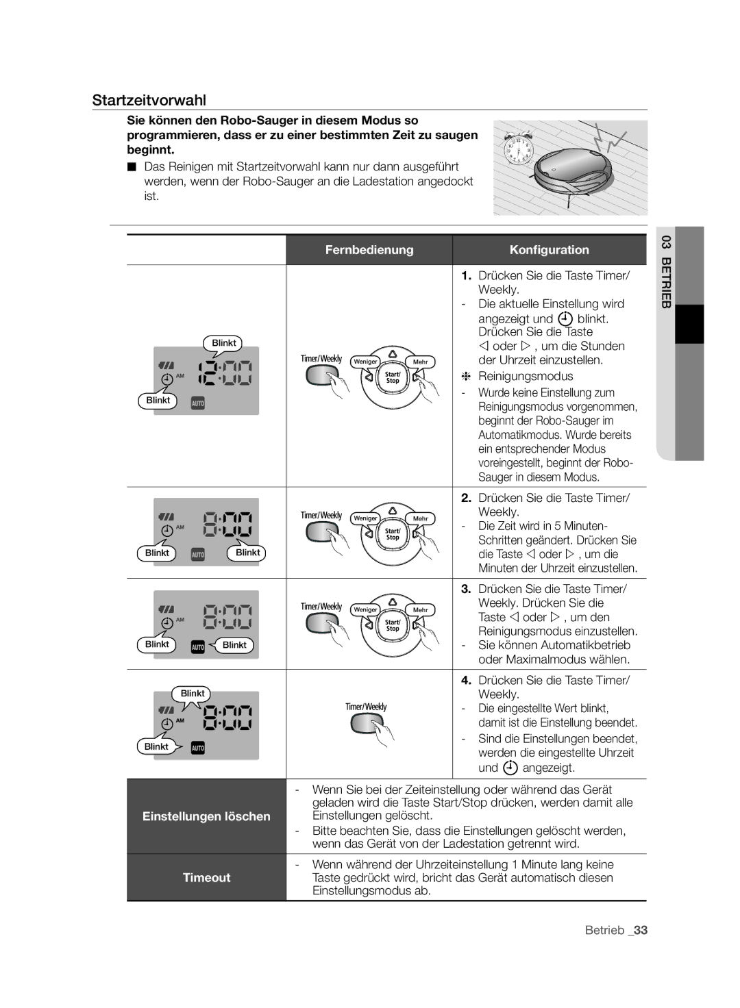 Samsung VCR8940L3R/XET manual Startzeitvorwahl, Fernbedienung, Einstellungen löschen, Timeout 