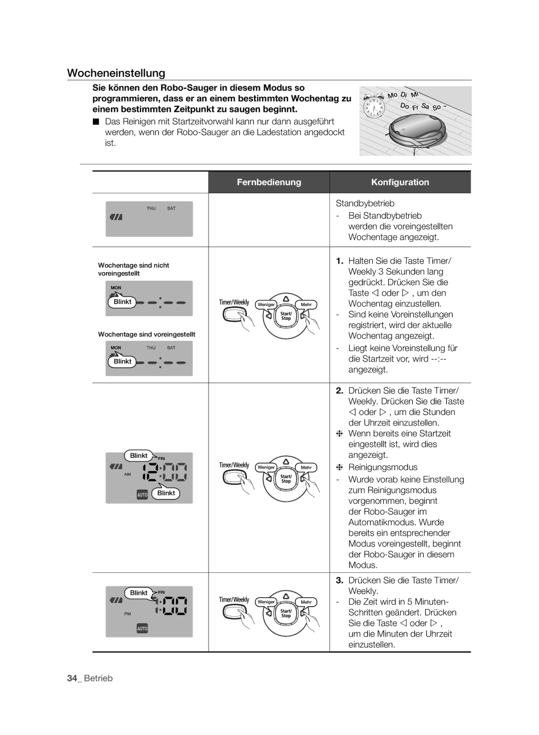 Samsung VCR8940L3R/XET manual Wocheneinstellung, Fernbedienung Konﬁguration 