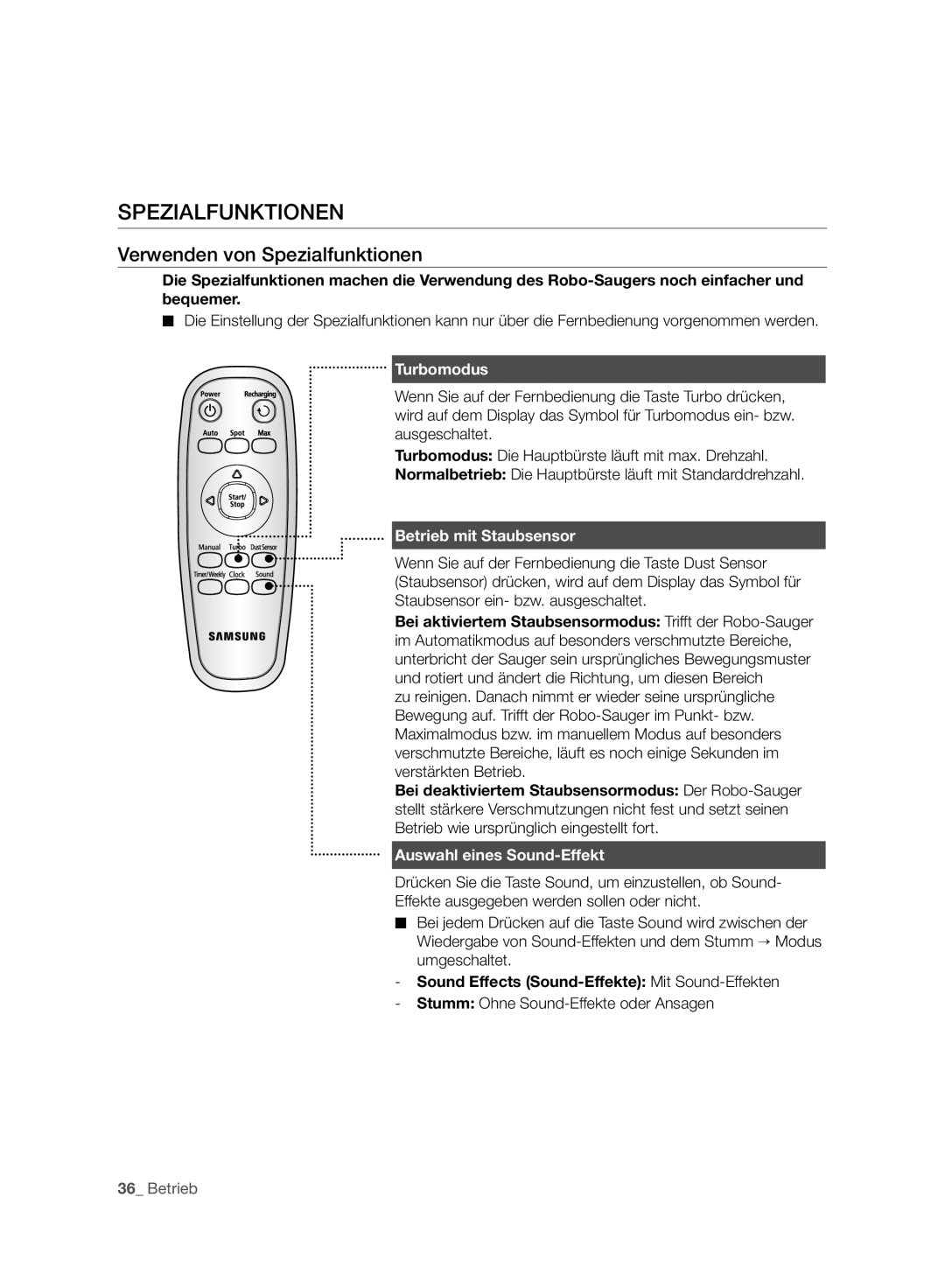 Samsung VCR8940L3R/XET manual Verwenden von Spezialfunktionen, Turbomodus, Betrieb mit Staubsensor 